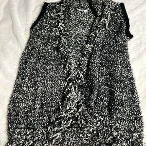 Cato Black & White Bouclé Fringe Open-Front Sweater Vest